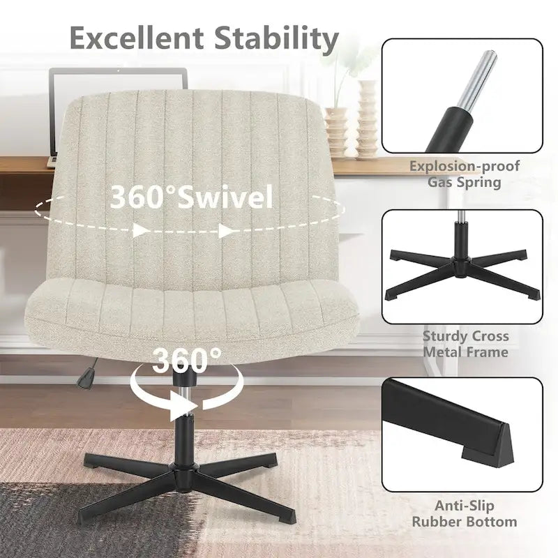 Criss Cross Legged Office, Wide Comfty Desk, Wheels Armless Computer Task, Swivel Vanity Home Chair, Height Adjustable