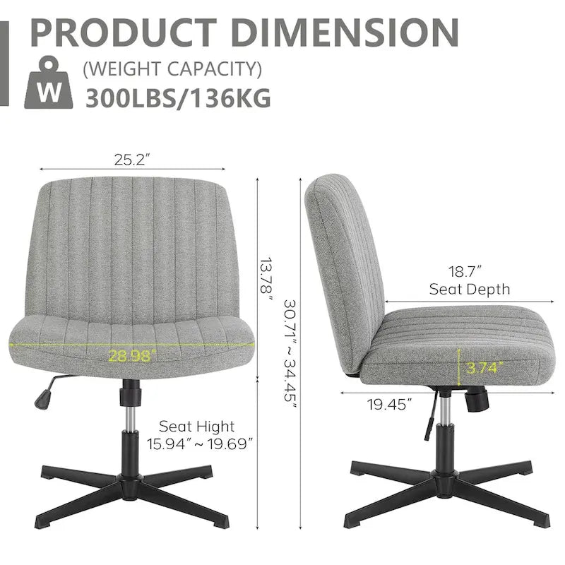 Criss Cross Legged Office, Wide Comfty Desk, Wheels Armless Computer Task, Swivel Vanity Home Chair, Height Adjustable