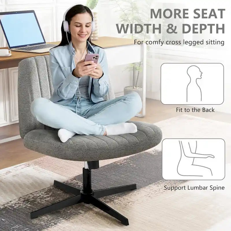 Criss Cross Legged Office, Wide Comfty Desk, Wheels Armless Computer Task, Swivel Vanity Home Chair, Height Adjustable