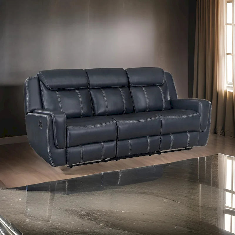 Louise 86 Inch Dual Manual Recliner Blue Faux Leather Sofa, Drop Down Table