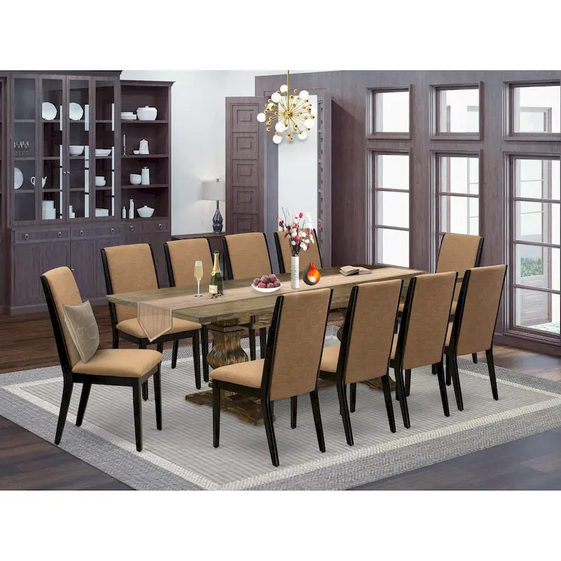 East West Furniture 11 Piece Dining Table Set- a Wooden Table and 10 Linen Fabric Upholstered Chairs(Finish Options)