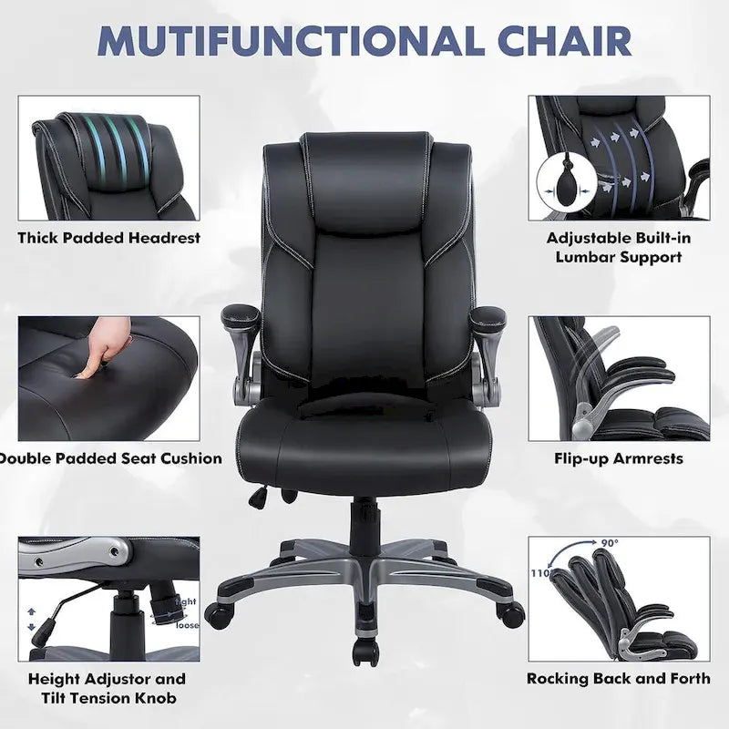 High Back Executive Office Chair with Padded Flip-up Arms, Adjustable Tilt Lock, Swivel Rolling Chair for Adult Working Study