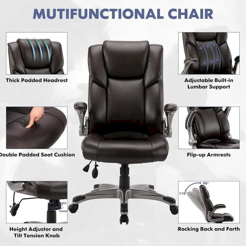 High Back Executive Office Chair with Padded Flip-up Arms, Adjustable Tilt Lock, Swivel Rolling Chair for Adult Working Study
