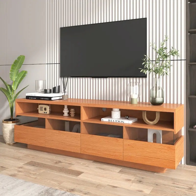 Modern TV with 4 Drawers& 2 open Cabinets, Media Console Table for TVs up to 75,Wood