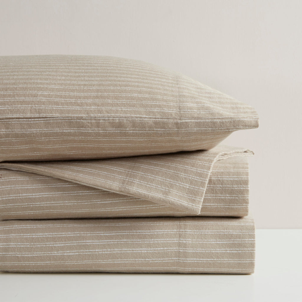 Beige & White Stripes 100% Cotton Flannel Printed Sheet Set