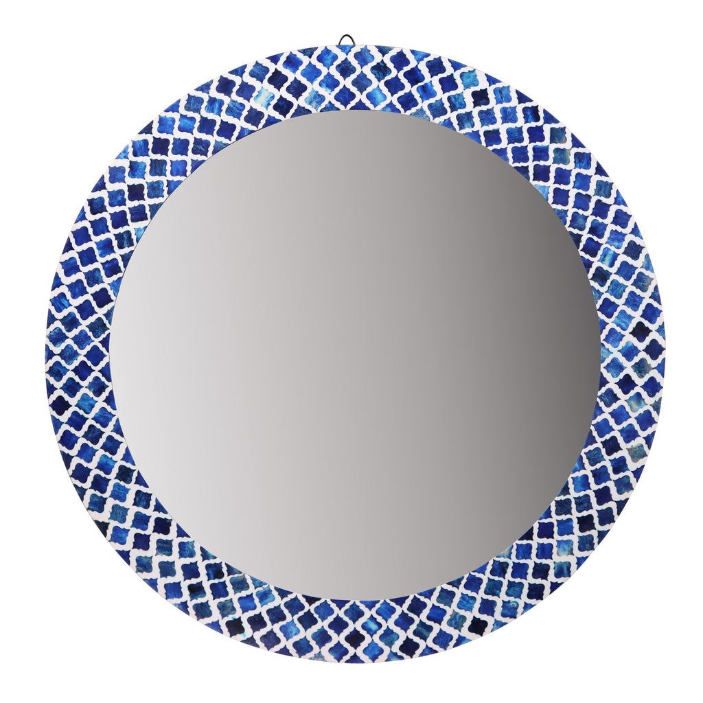 Round 29 Wide Blue Diamond Pattern Natural Bone Inlay Mirror