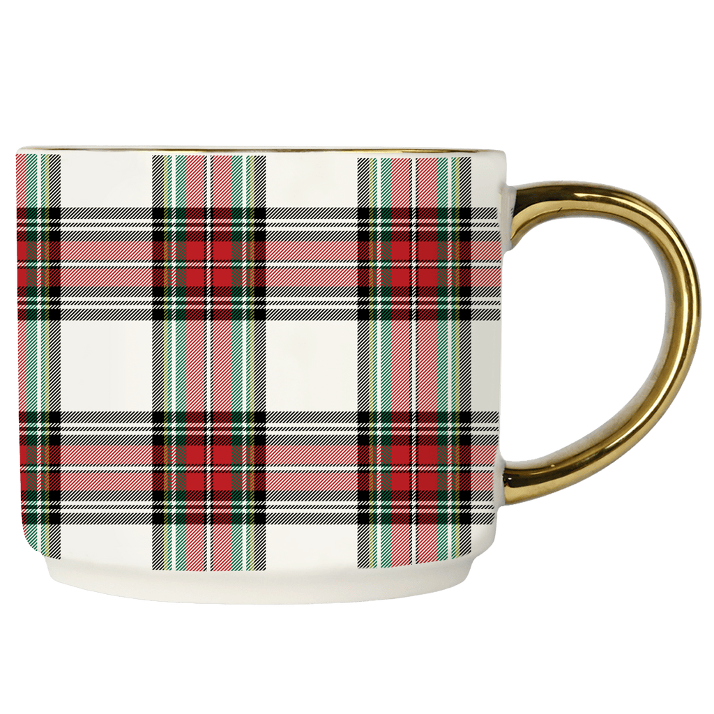 White Plaid 14oz. Gold Handle Coffee Mug