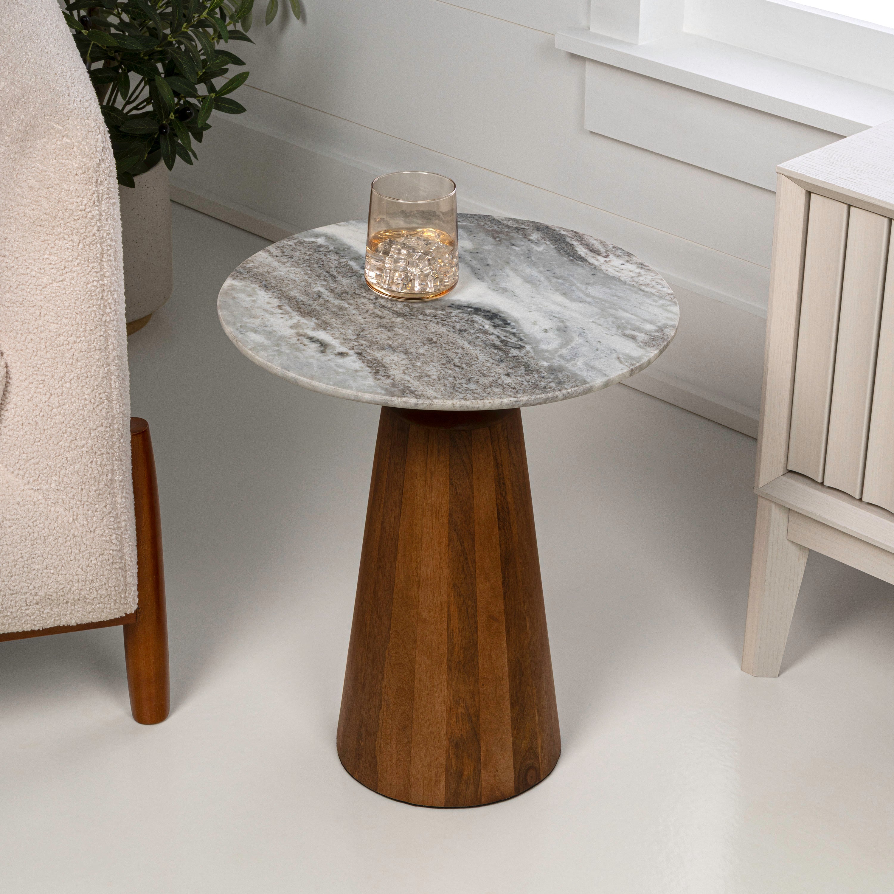Kaito 18 Rustic Minimalist Round Marble/Wood Accent Table