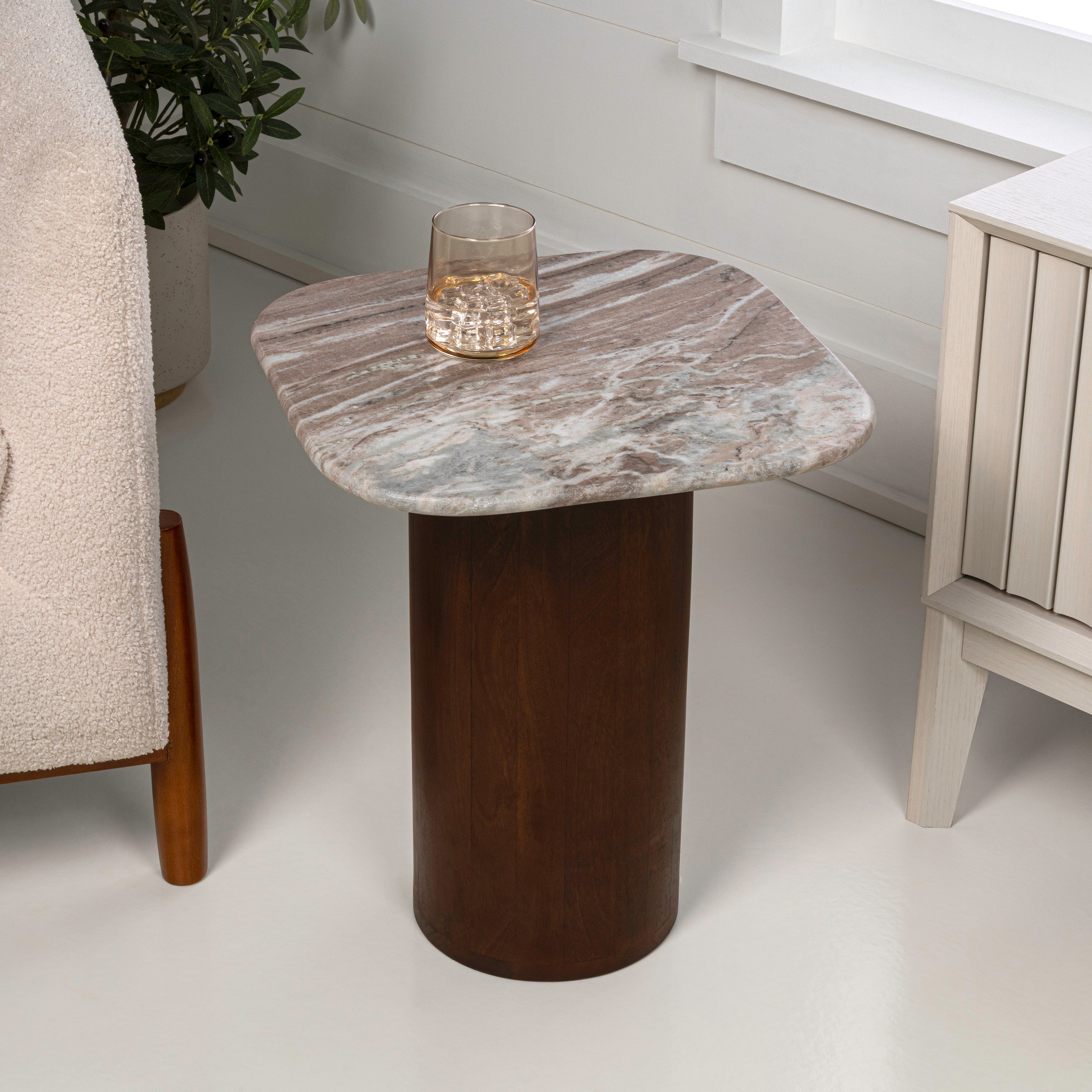 Milos 18 Rustic Minimalist Square Marble/Wood Accent Table