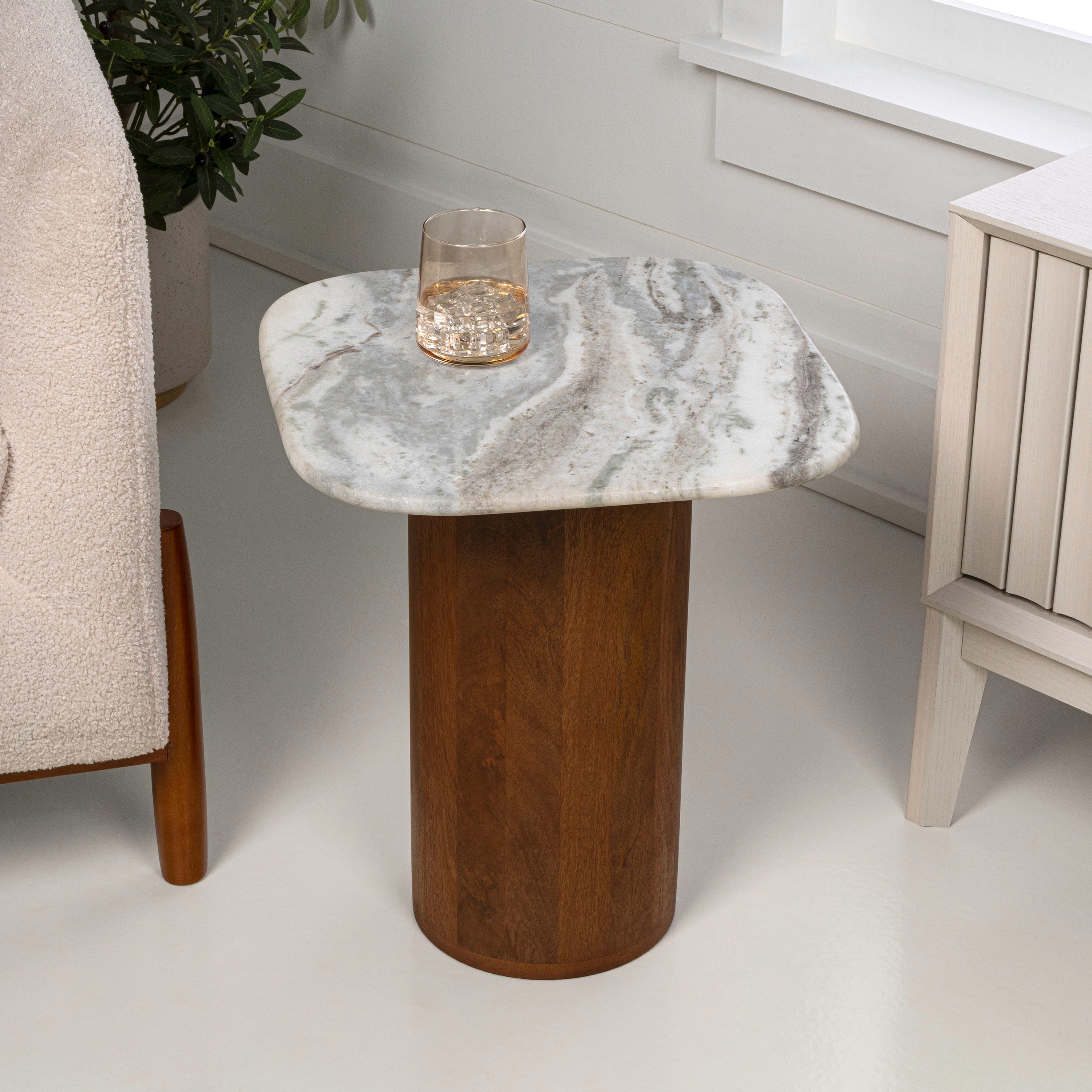 Milos 18 Rustic Minimalist Square Marble/Wood Accent Table