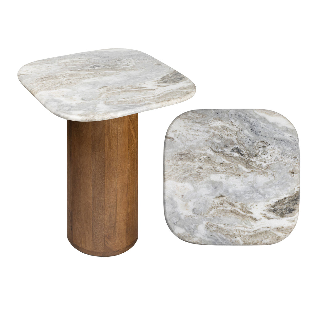 Milos 18 Rustic Minimalist Square Marble/Wood Accent Table