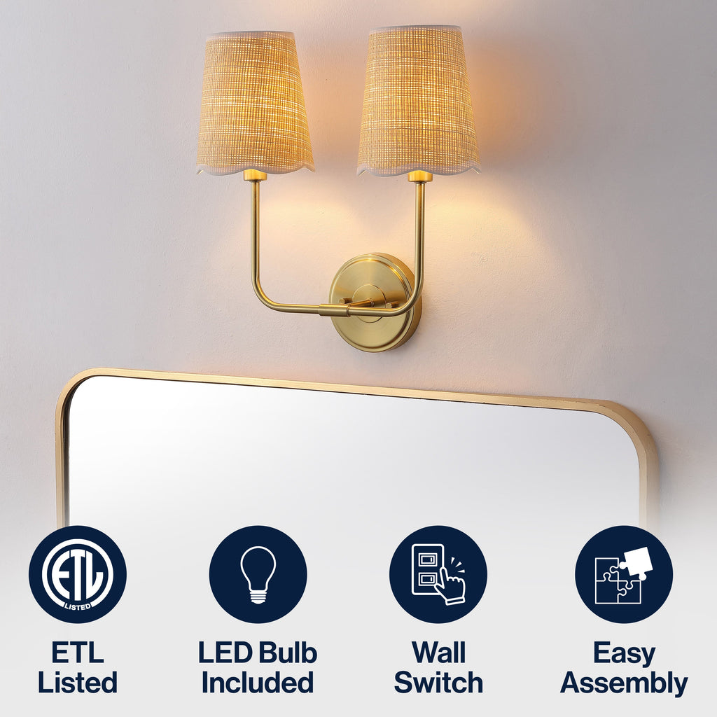 Lila Traditional Coastal Scalloped Fabric Shade/Metal LED Vanity Light