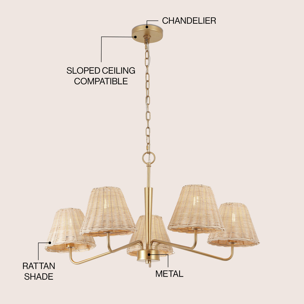 Libby 30 5-Light Modern Coastal Sleek Woven Rattan/Iron LED Chandelier