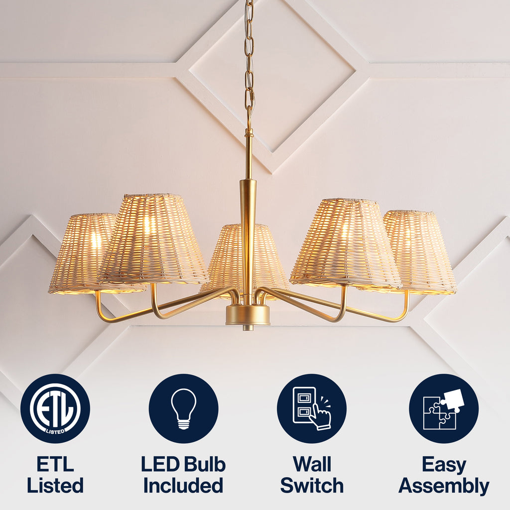 Libby 30 5-Light Modern Coastal Sleek Woven Rattan/Iron LED Chandelier