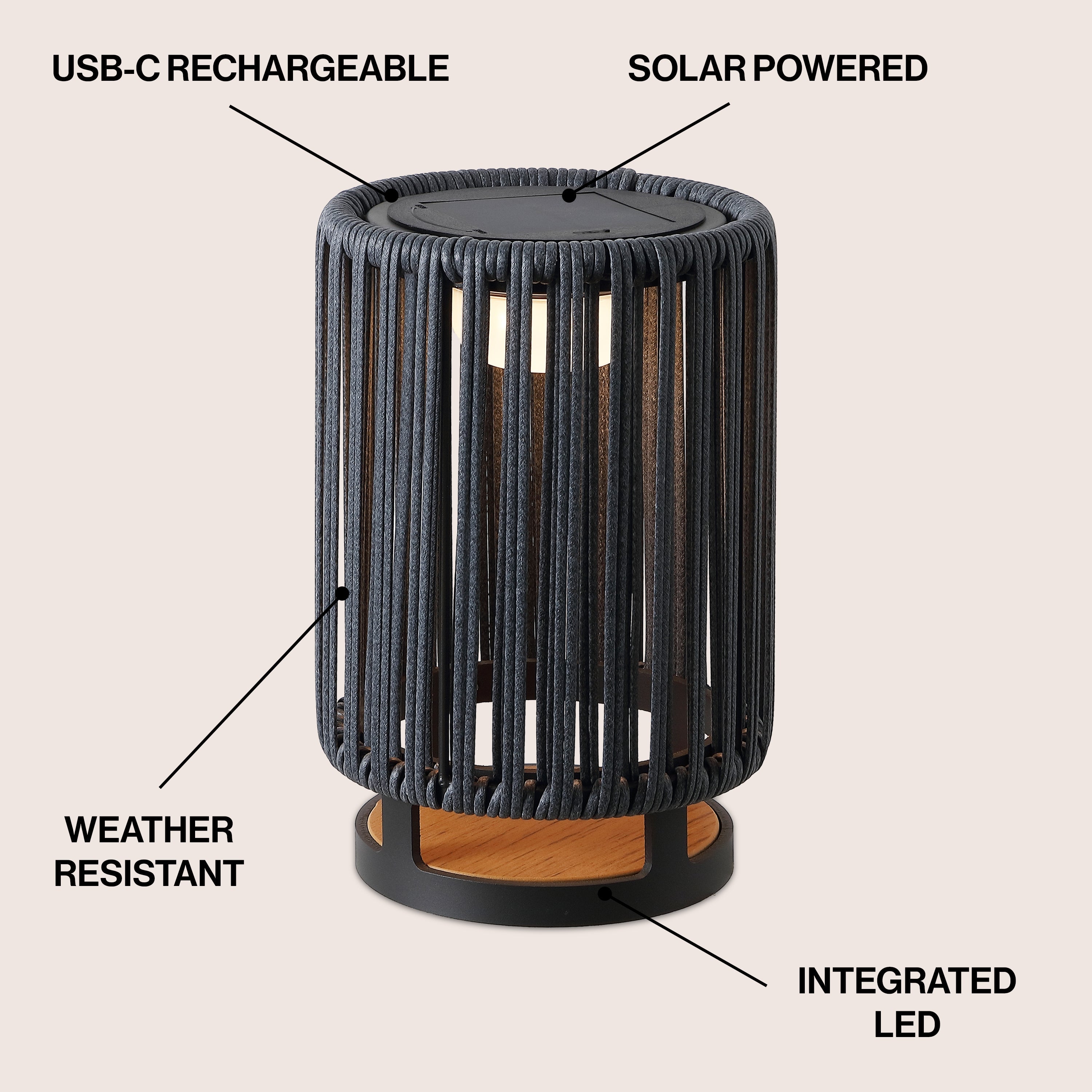 Sawara Modern Minimalist Faux Rattan Integrated Indoor/Outdoor LED Solar Powered Lantern