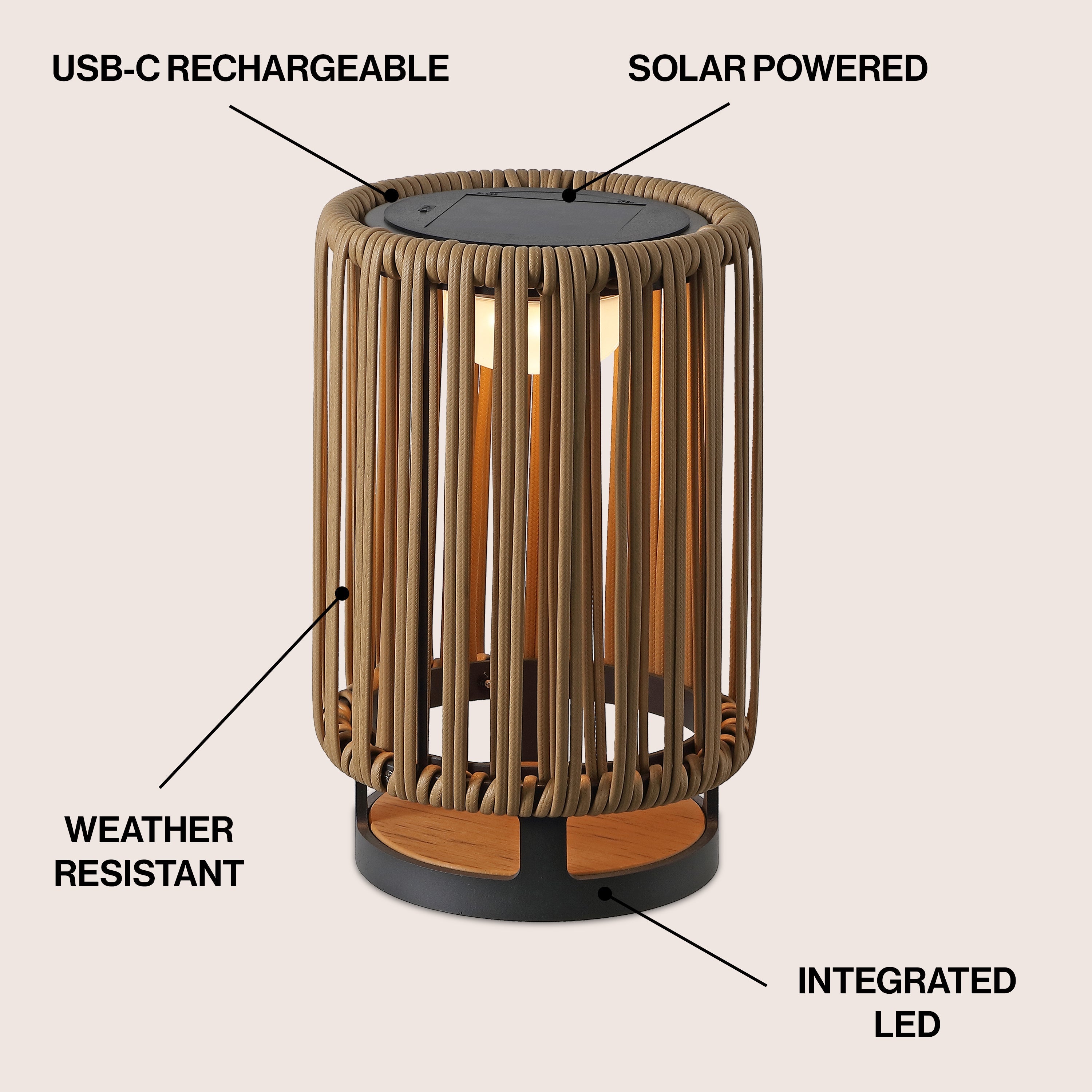Sawara Modern Minimalist Faux Rattan Integrated Indoor/Outdoor LED Solar Powered Lantern