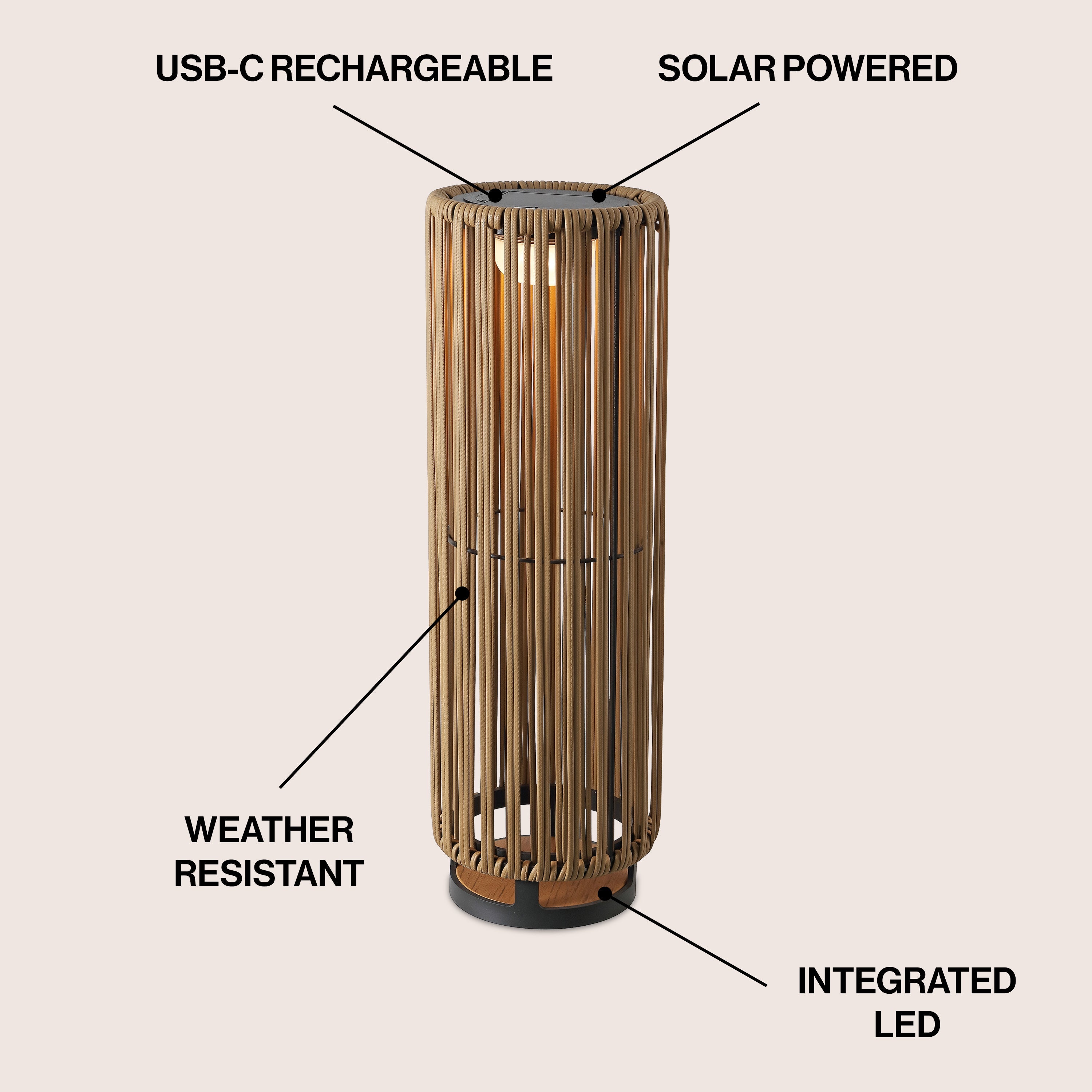 Sawara Modern Minimalist Faux Rattan Integrated Indoor/Outdoor LED Solar Powered Lantern
