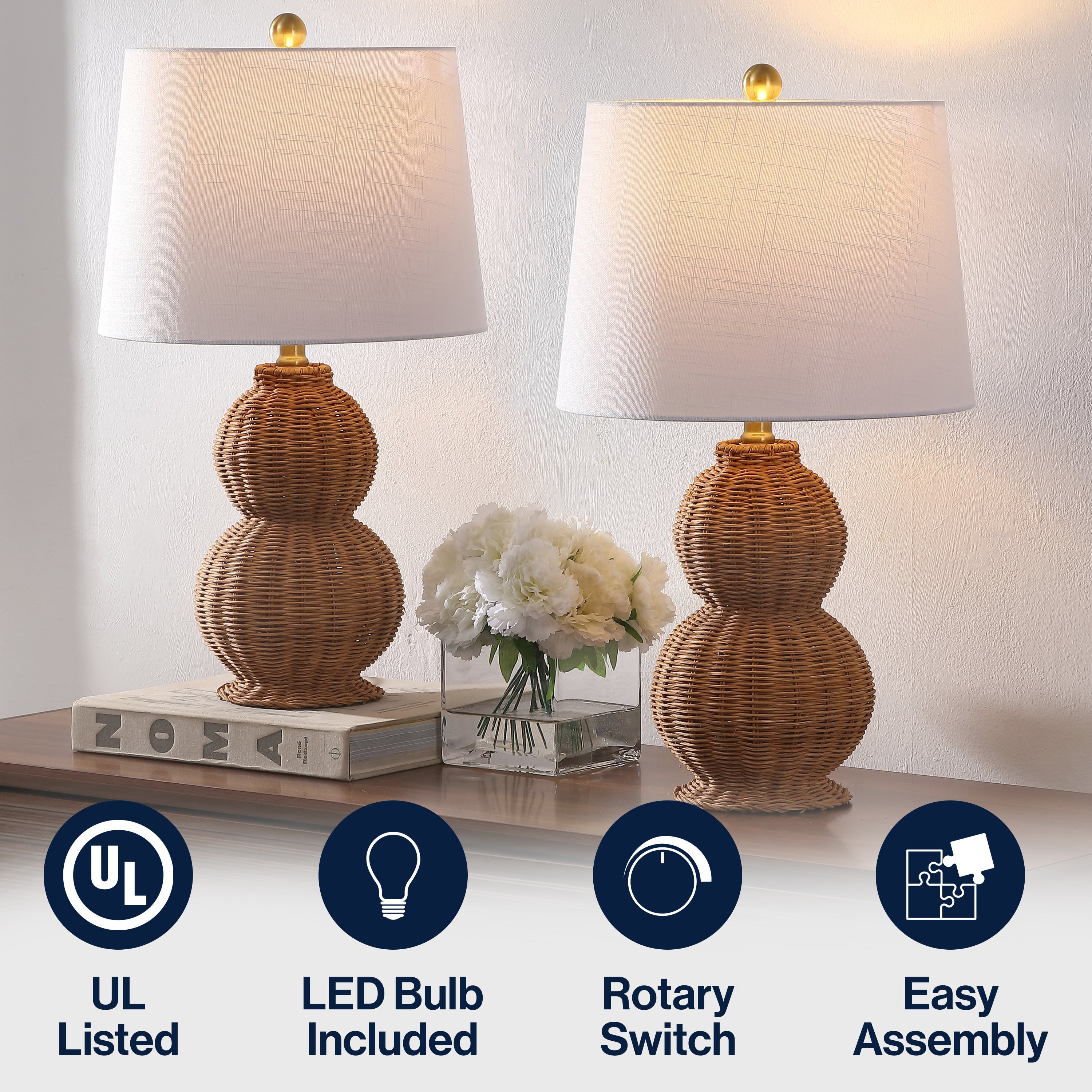 Millie 23 Modern Coastal Woven Rattan Gourd LED Table Lamp