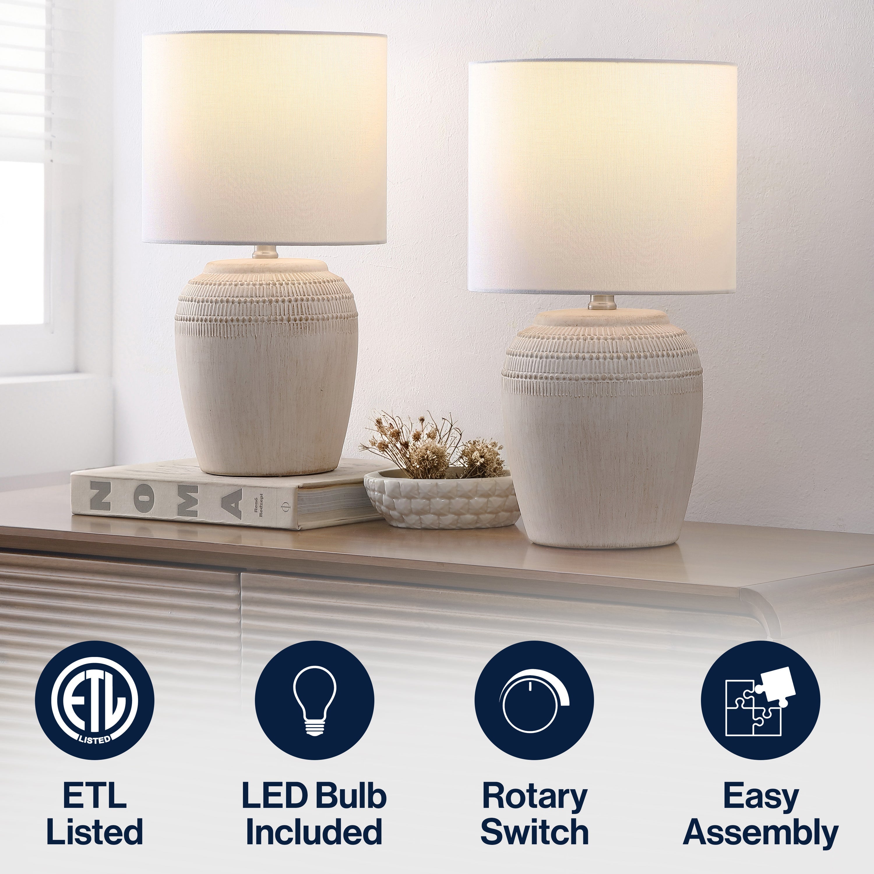 Hugo 16.75 Traditional Rustic Reeded Ceramic Vase LED Table Lamp