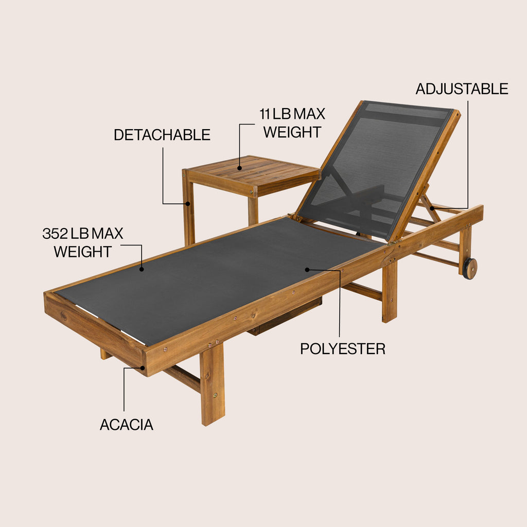 Trabuco Coastal Modern Acacia Wood Mesh 3-Position Outdoor foldable Chaise Lounge Set with Side Table