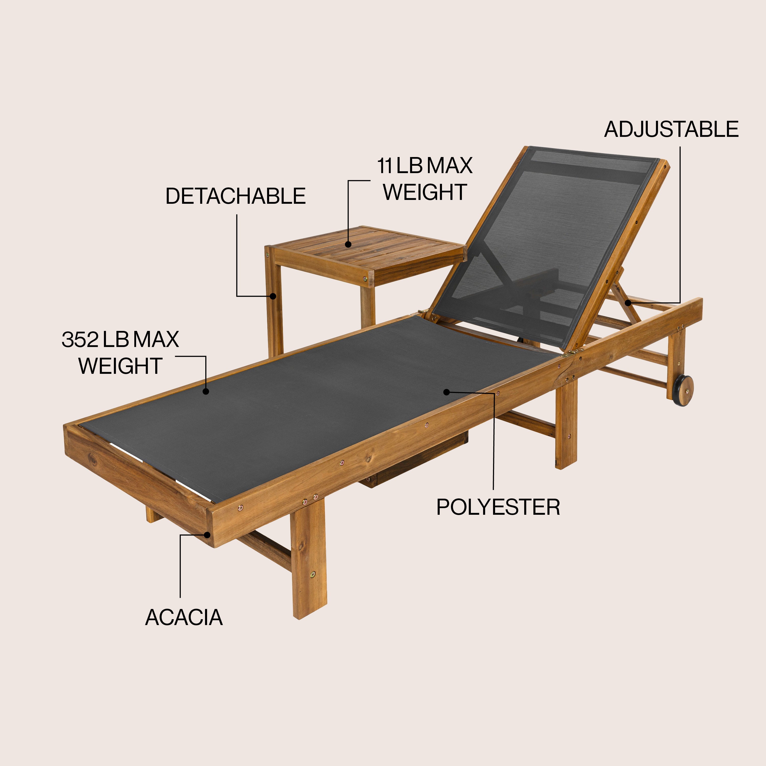 Trabuco Coastal Modern Acacia Wood Mesh 3-Position Outdoor foldable Chaise Lounge Set with Side Table