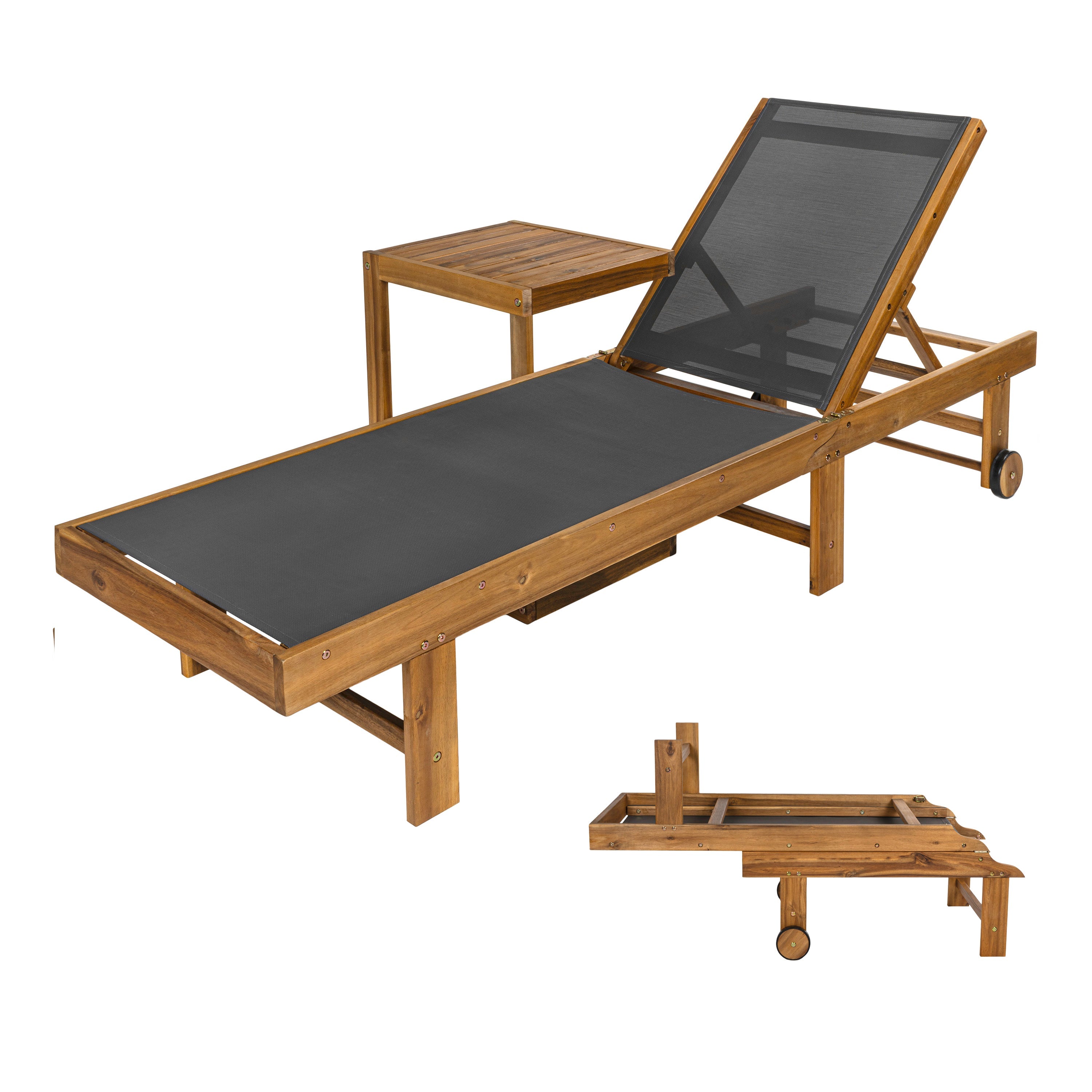 Trabuco Coastal Modern Acacia Wood Mesh 3-Position Outdoor foldable Chaise Lounge Set with Side Table