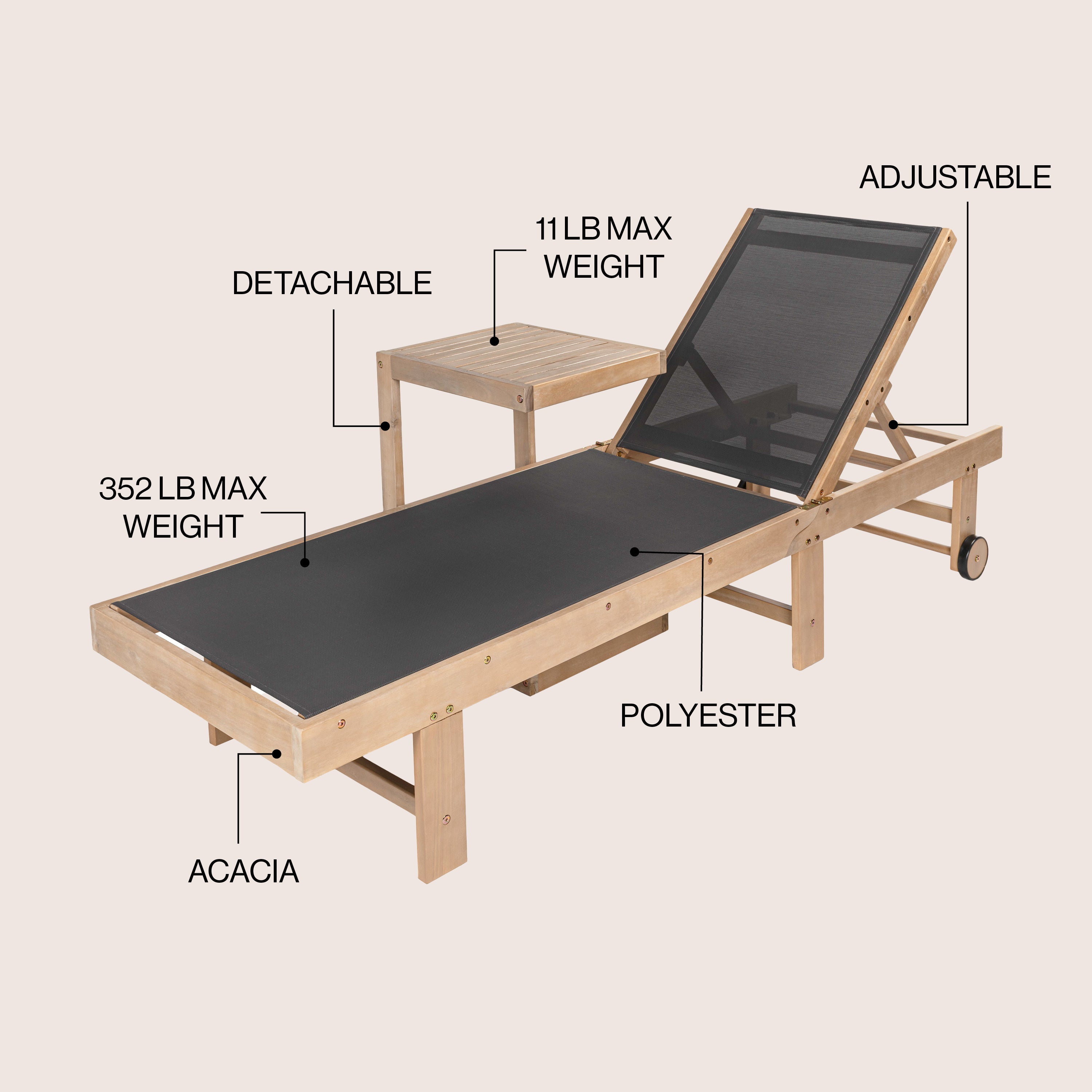 Trabuco Coastal Modern Acacia Wood Mesh 3-Position Outdoor foldable Chaise Lounge Set with Side Table