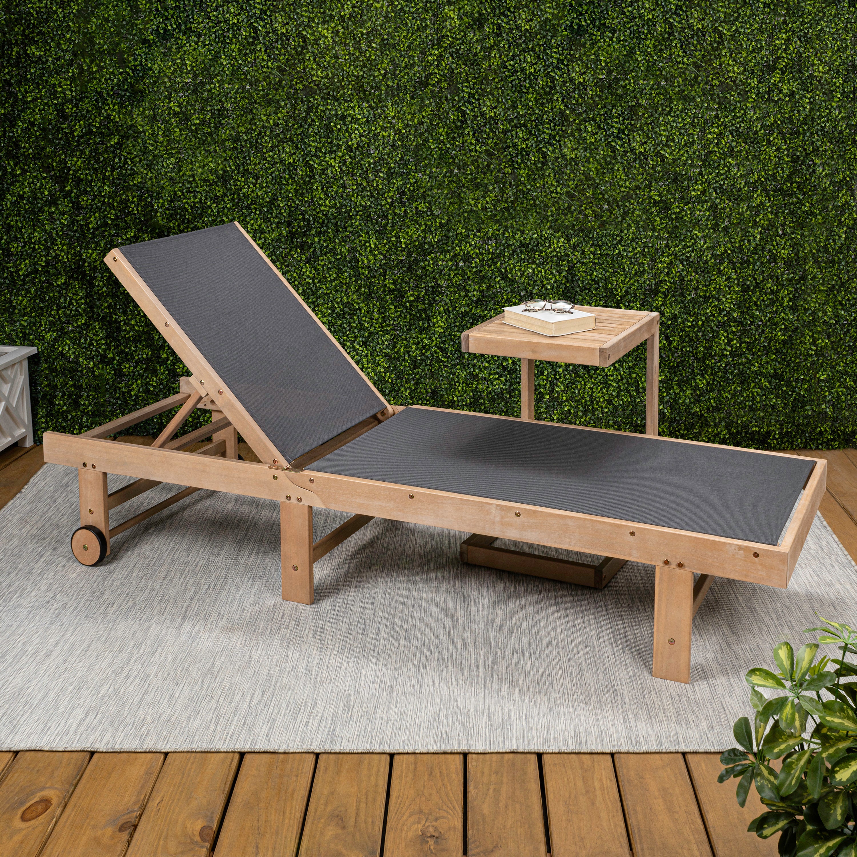Trabuco Coastal Modern Acacia Wood Mesh 3-Position Outdoor foldable Chaise Lounge Set with Side Table