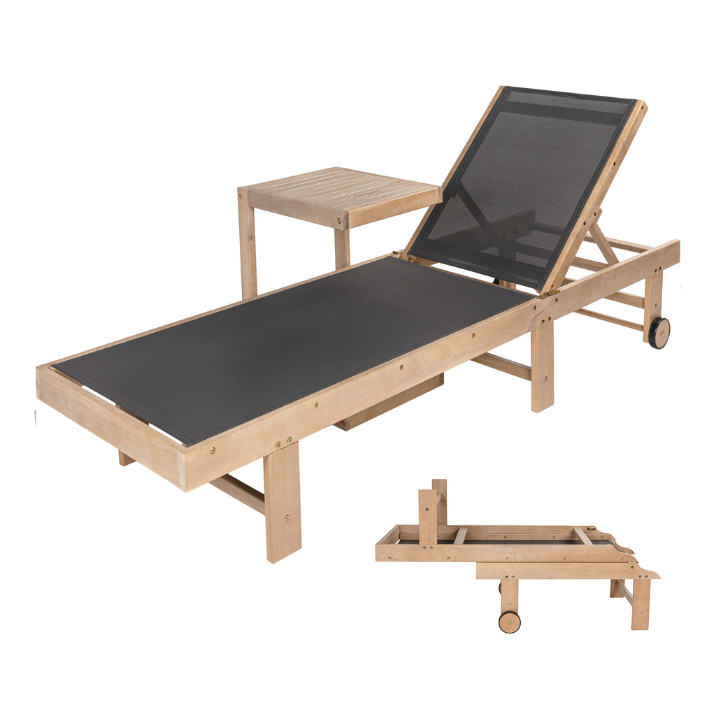 Trabuco Coastal Modern Acacia Wood Mesh 3-Position Outdoor foldable Chaise Lounge Set with Side Table