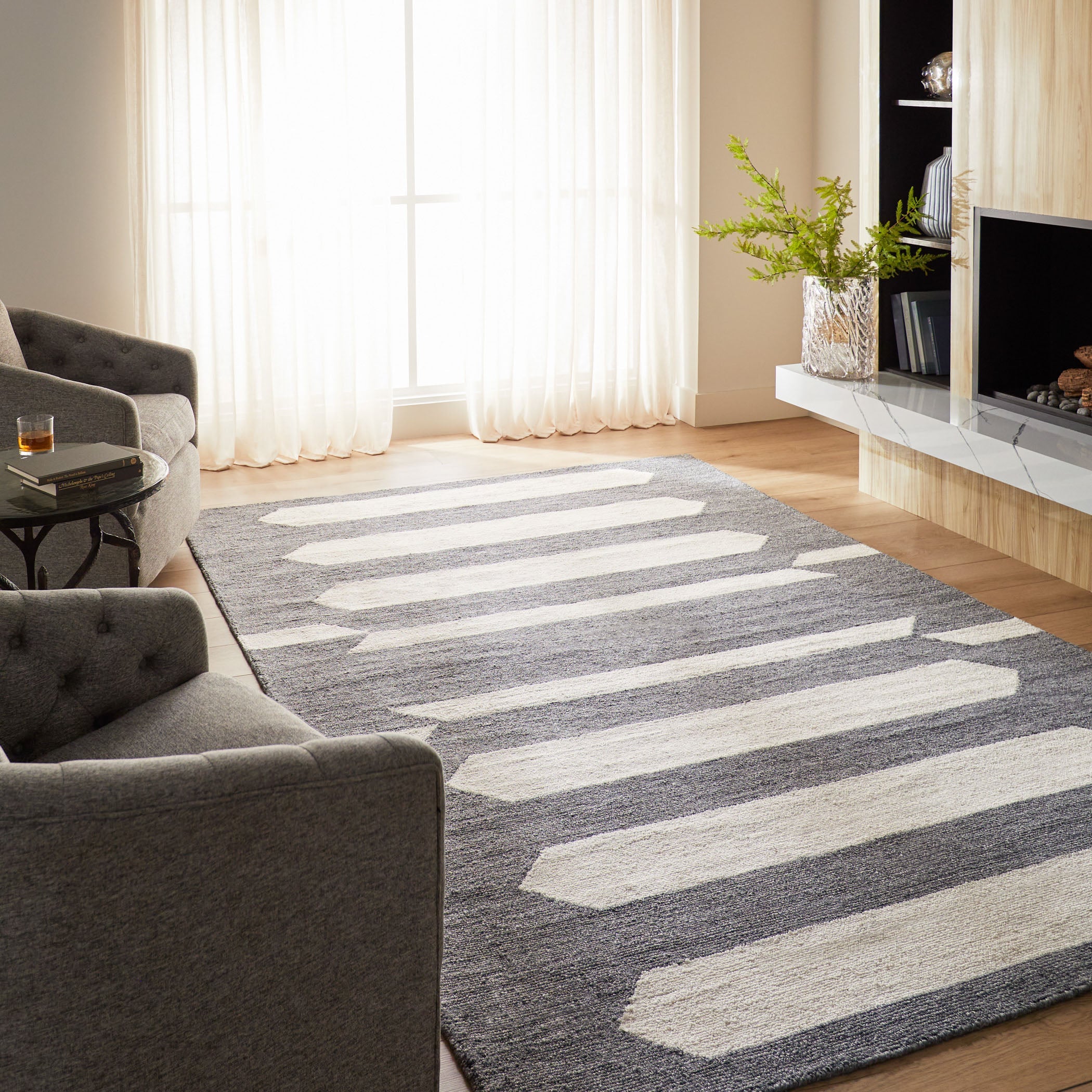 Kali Geometric Stripe Blue Ivory  Rug