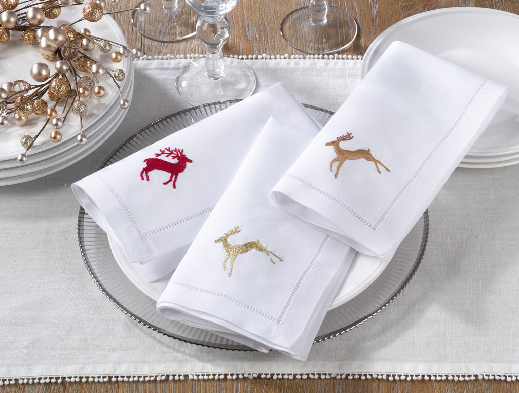 Handmade Gold Reindeer Embroidery Napkin with Hemstitched Border (Set of 6)