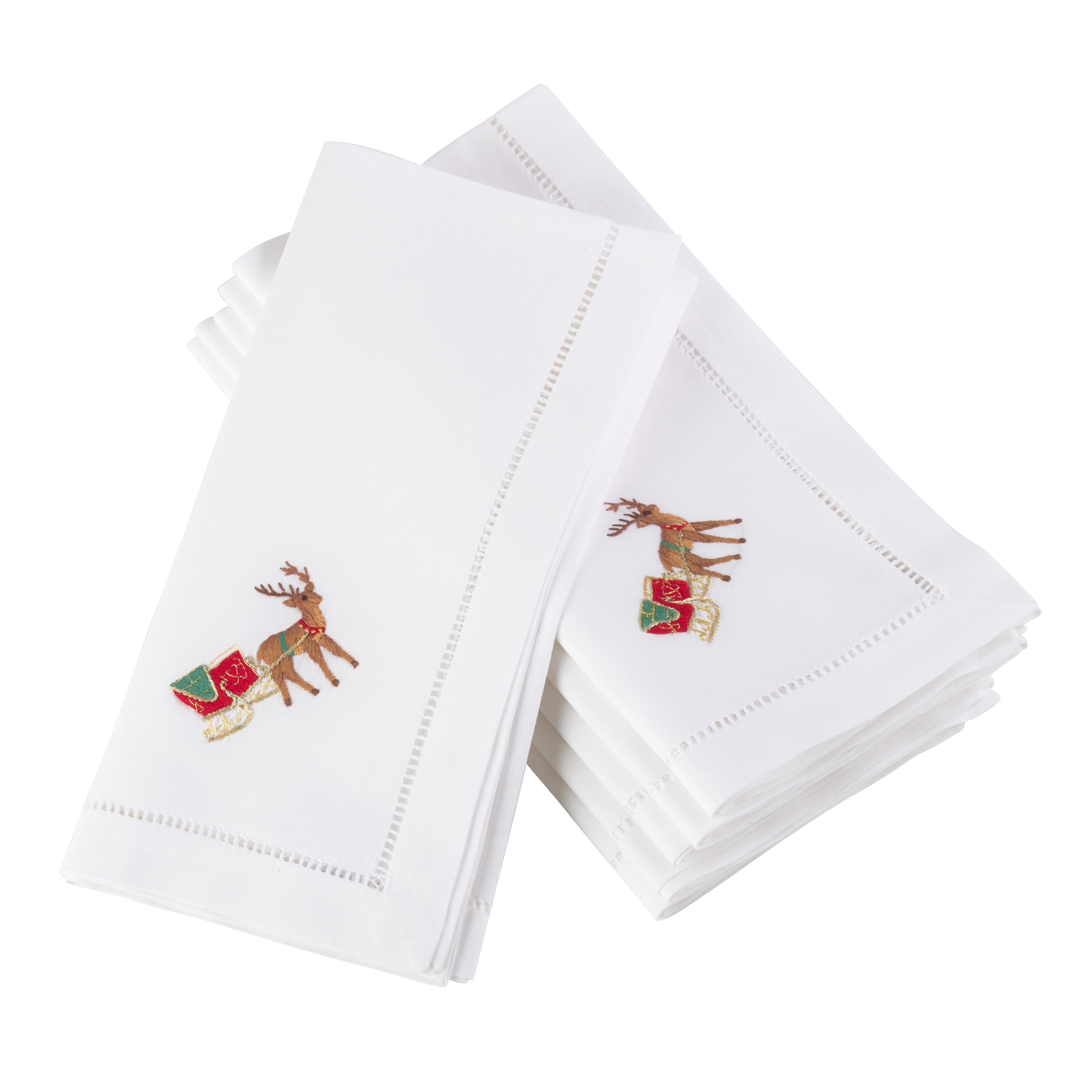 Handmade Reindeer Embroidery Napkin with Hemstitched Border (Set of 6)