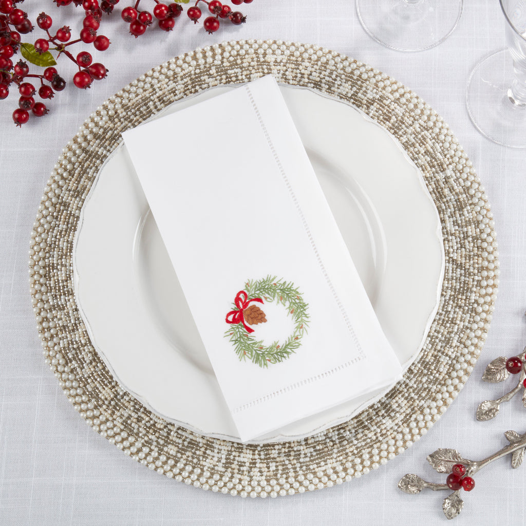 Handmade Festive Wreath Embroidery Napkin with Hemstitched Border (Set of 6)