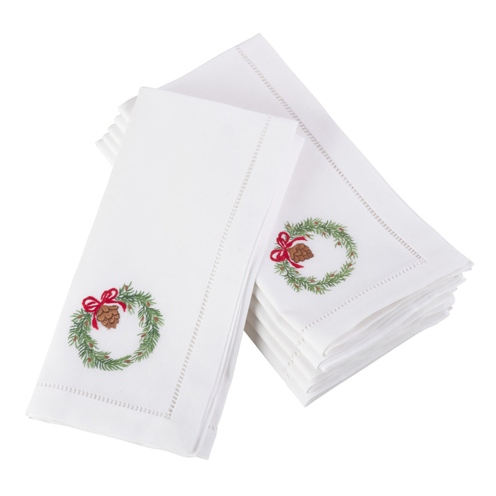 Handmade Festive Wreath Embroidery Napkin with Hemstitched Border (Set of 6)
