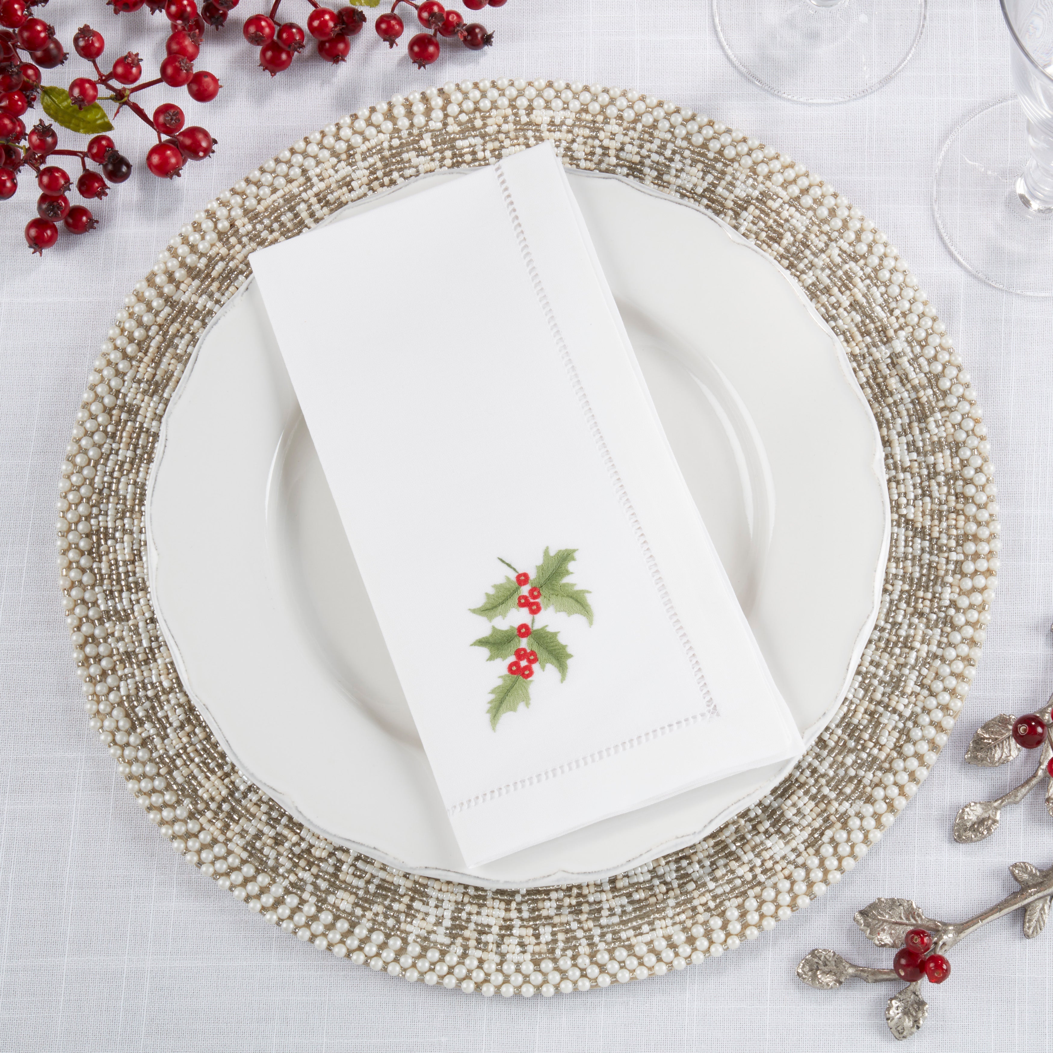 Handmade Holly Leaf Embroidery Napkin with Hemstitched Border (Set of 6)