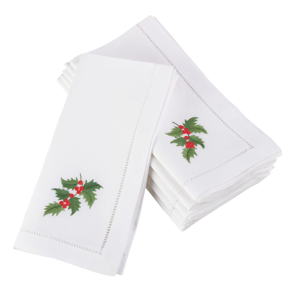 Handmade Holly Leaf Embroidery Napkin with Hemstitched Border (Set of 6)