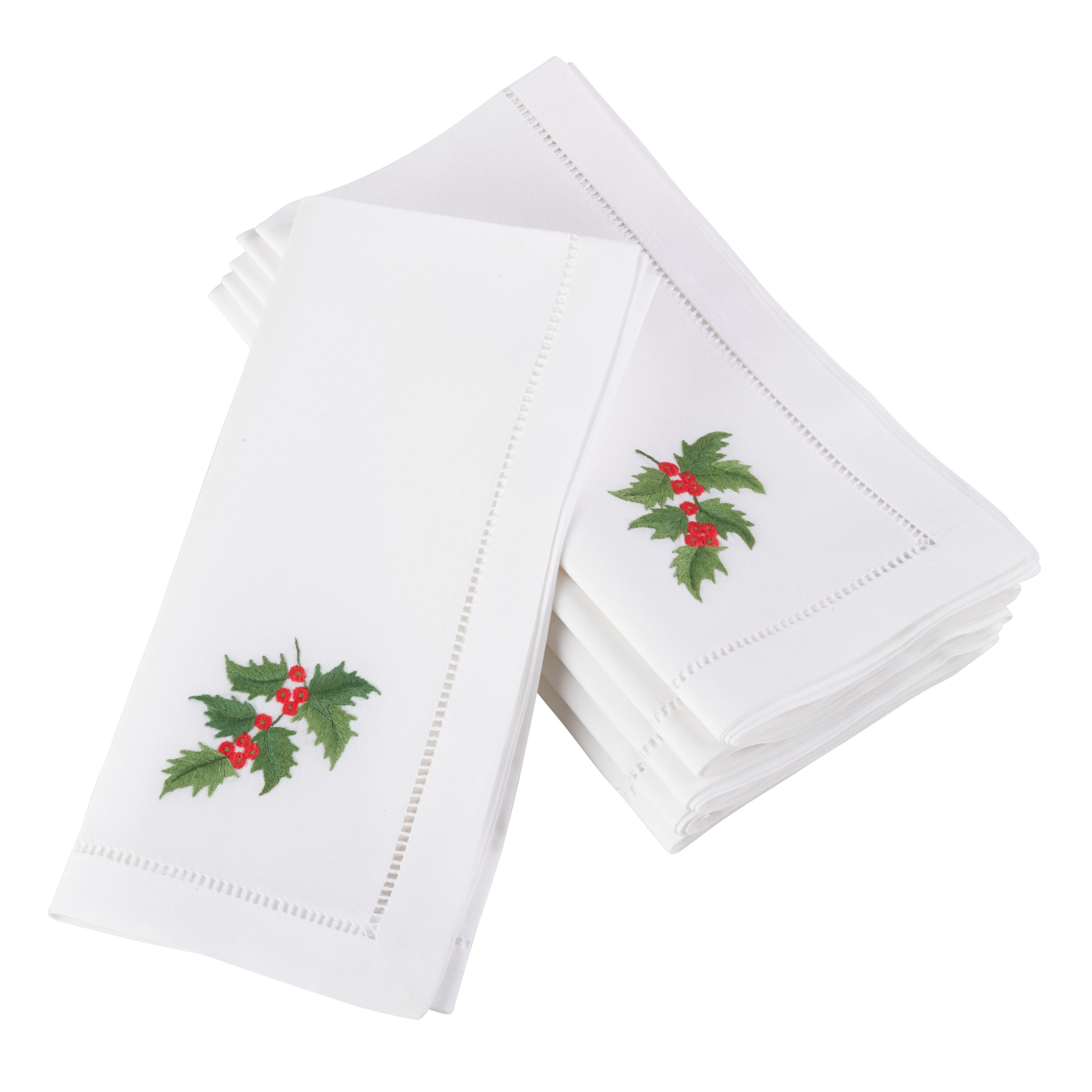 Handmade Holly Leaf Embroidery Napkin with Hemstitched Border (Set of 6)