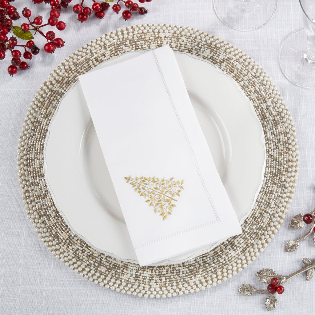 Handmade Pine Tree Embroidery Napkin with Hemstitched Border (Set of 6)