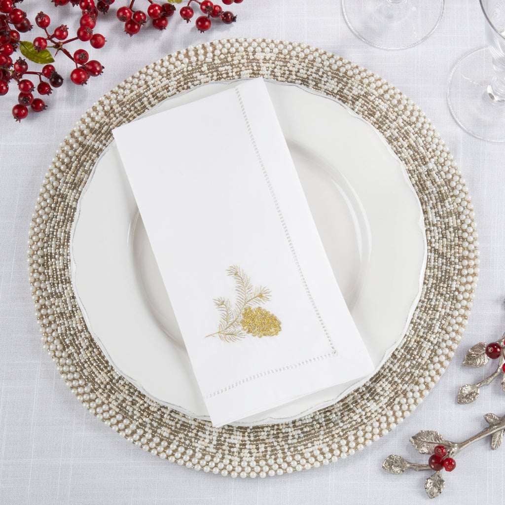 Handmade Pine Cone Embroidery Napkin with Hemstitched Border (Set of 6)