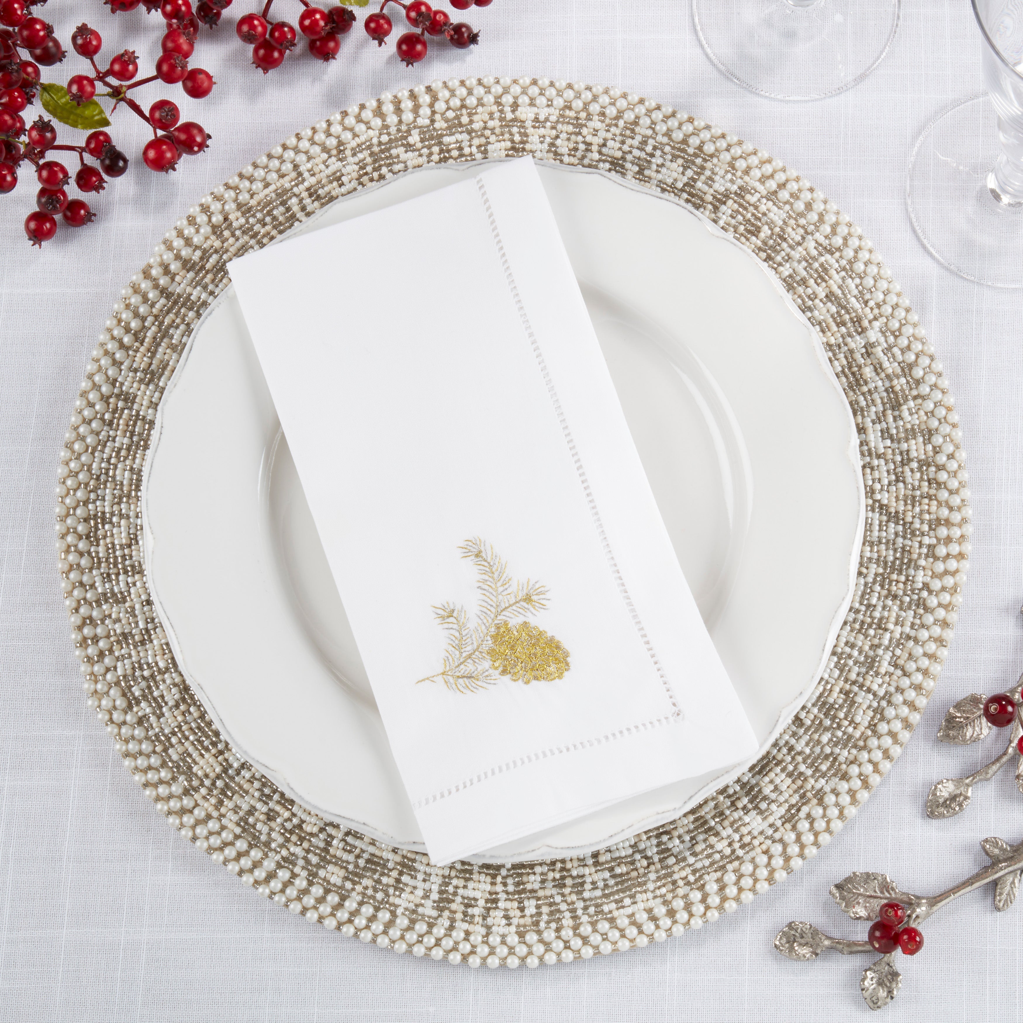 Handmade Pine Cone Embroidery Napkin with Hemstitched Border (Set of 6)