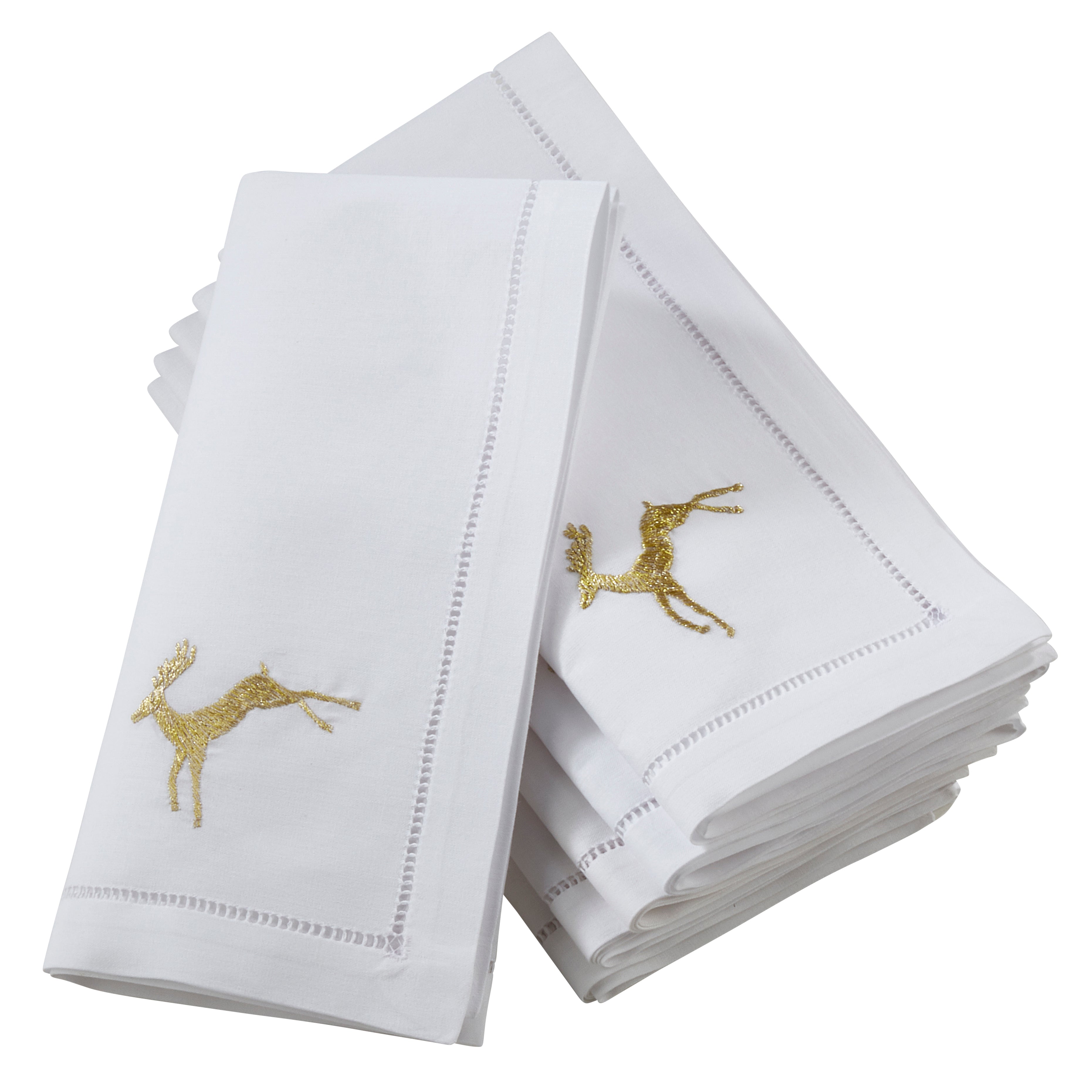 Handmade Gold Reindeer Embroidery Napkin with Hemstitched Border (Set of 6)
