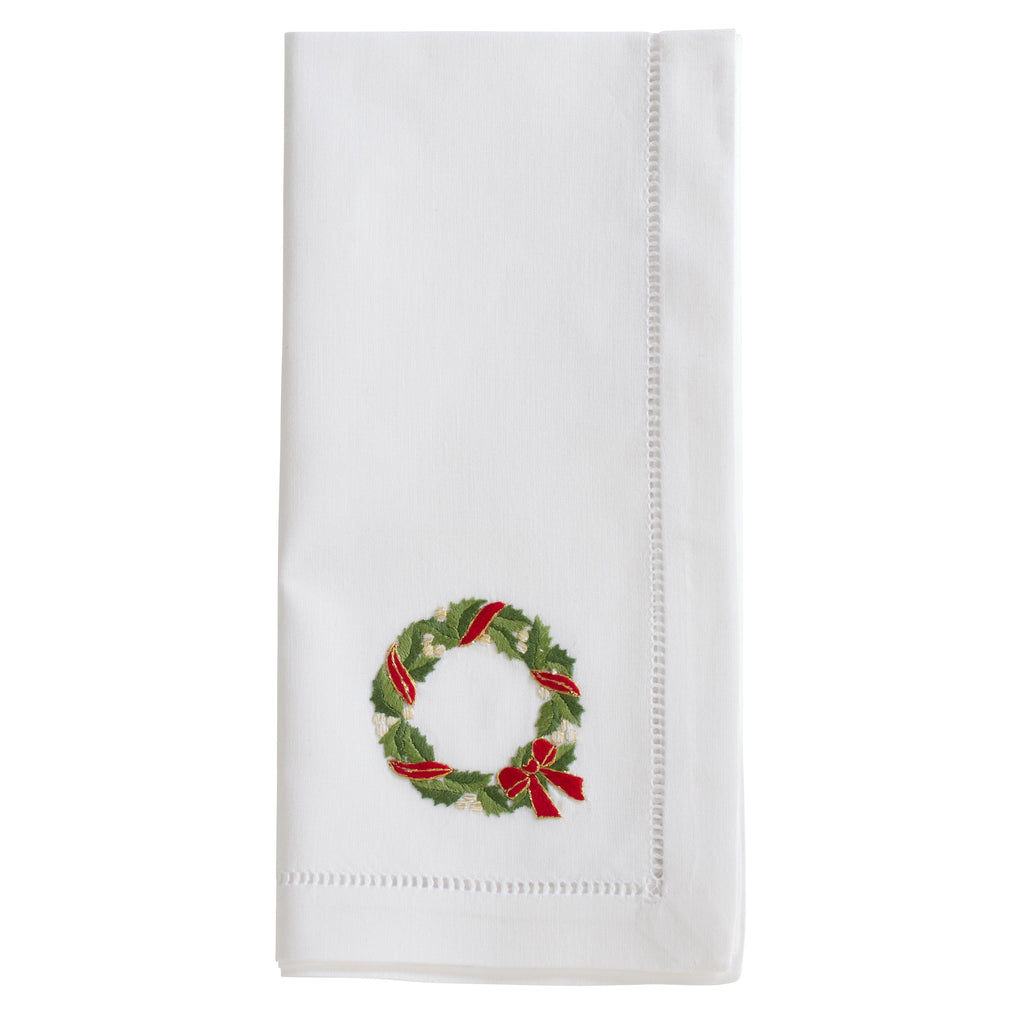 Handmade Ribbon Wreath Embroidery Napkin with Hemstitched Border (Set of 6)