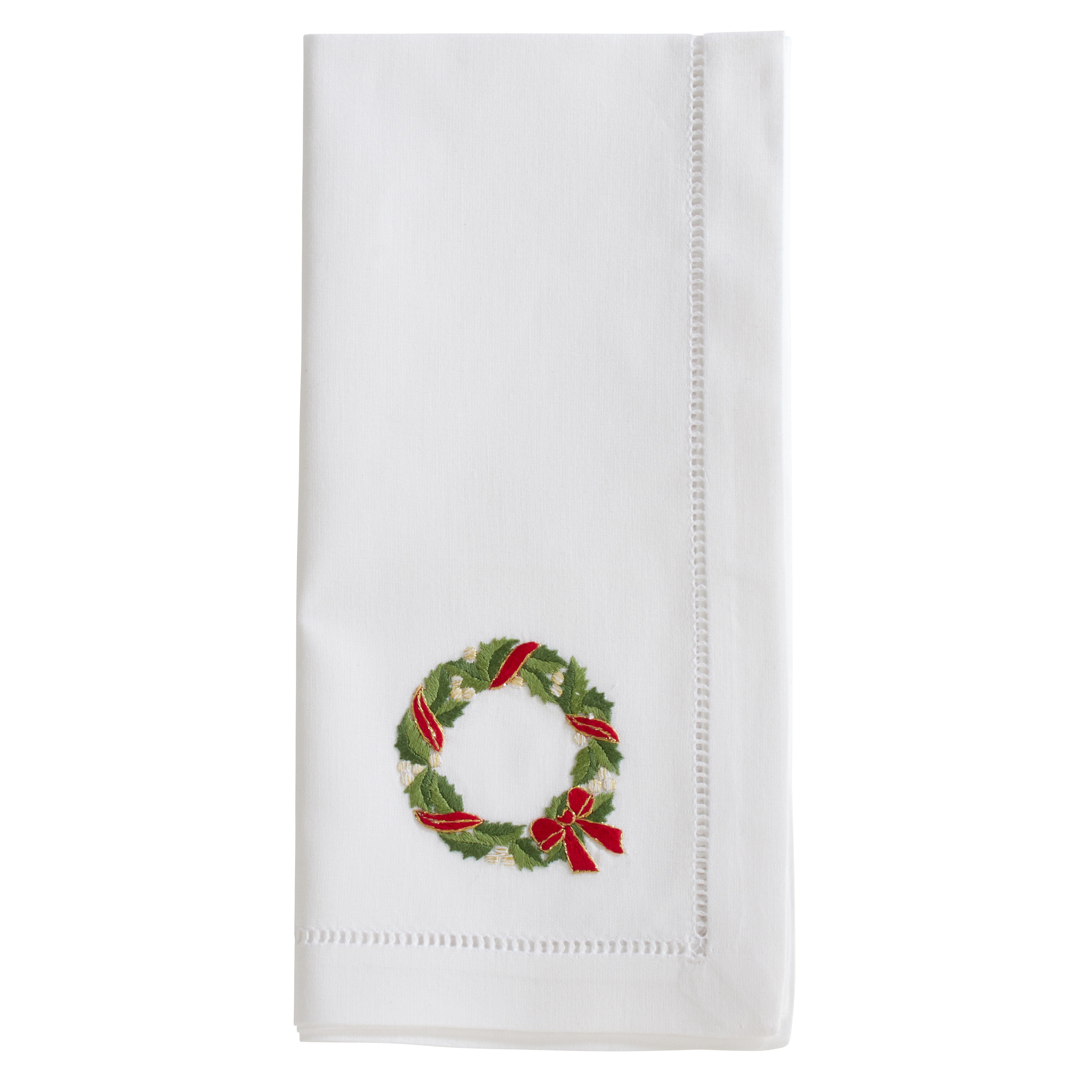 Handmade Ribbon Wreath Embroidery Napkin with Hemstitched Border (Set of 6)