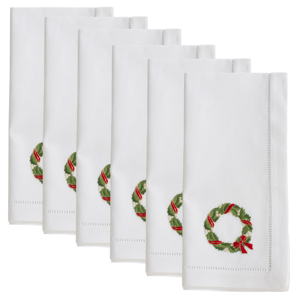 Handmade Ribbon Wreath Embroidery Napkin with Hemstitched Border (Set of 6)