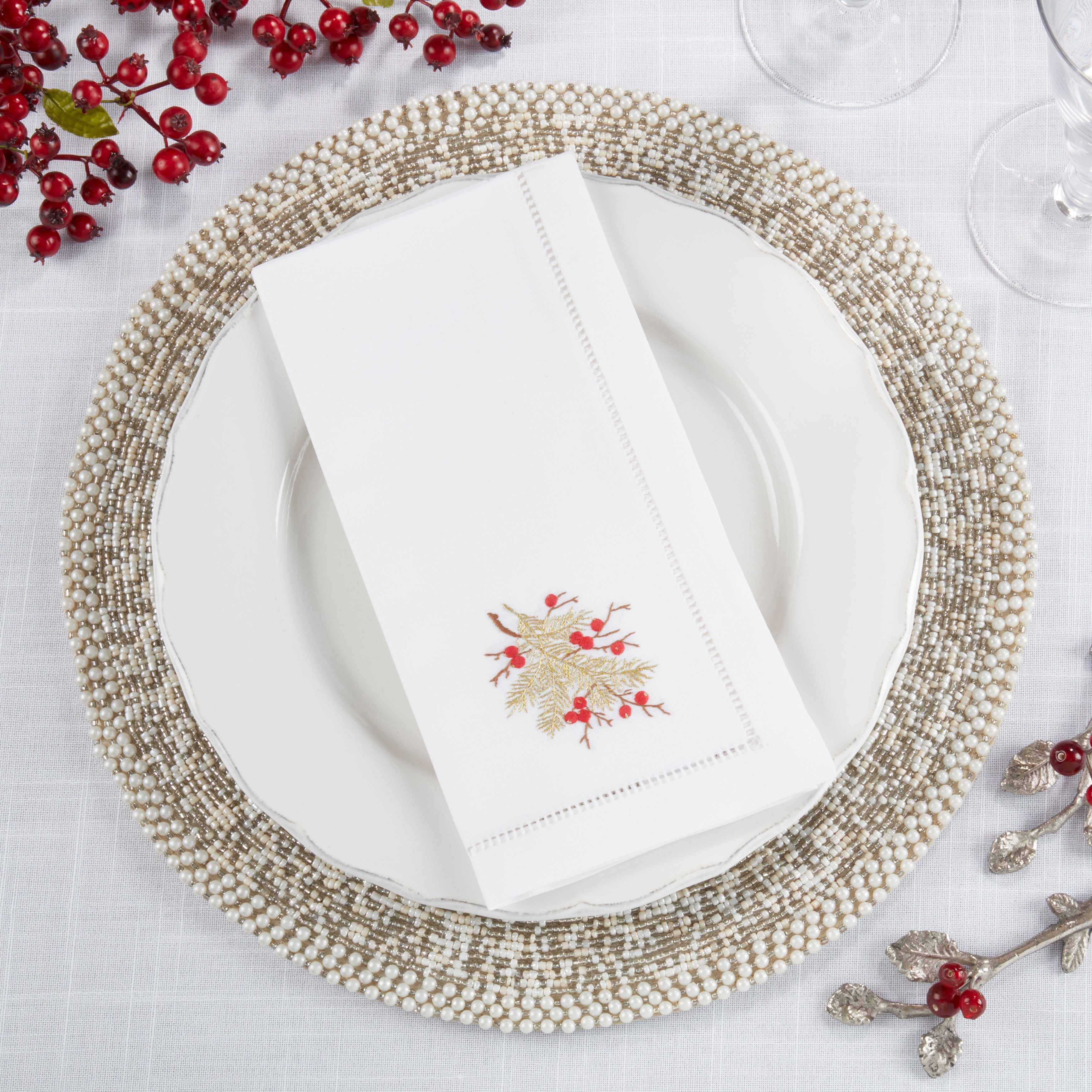 Handmade Berry Branch Embroidery Napkin with Hemstitched Border (Set of 6)
