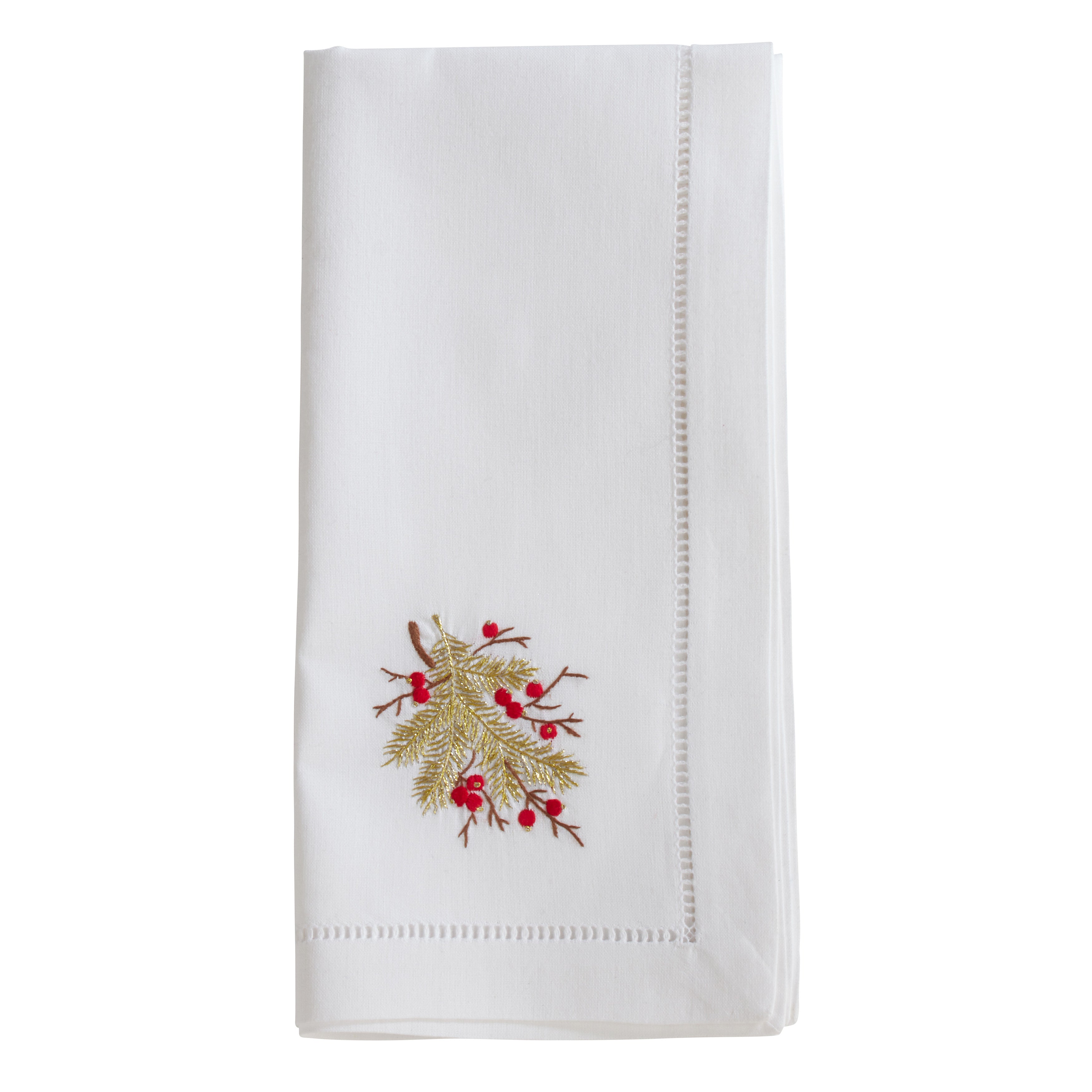 Handmade Berry Branch Embroidery Napkin with Hemstitched Border (Set of 6)