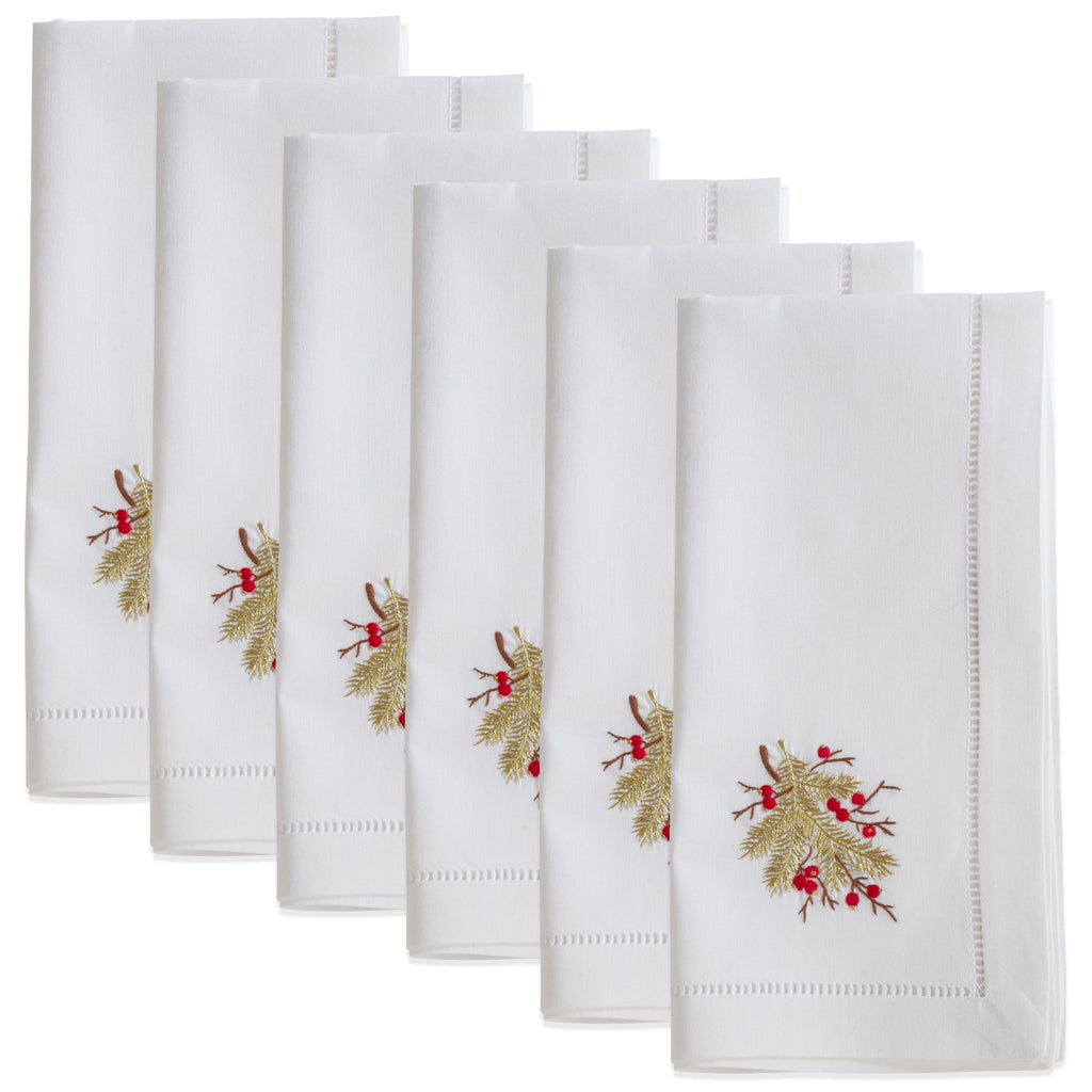 Handmade Berry Branch Embroidery Napkin with Hemstitched Border (Set of 6)
