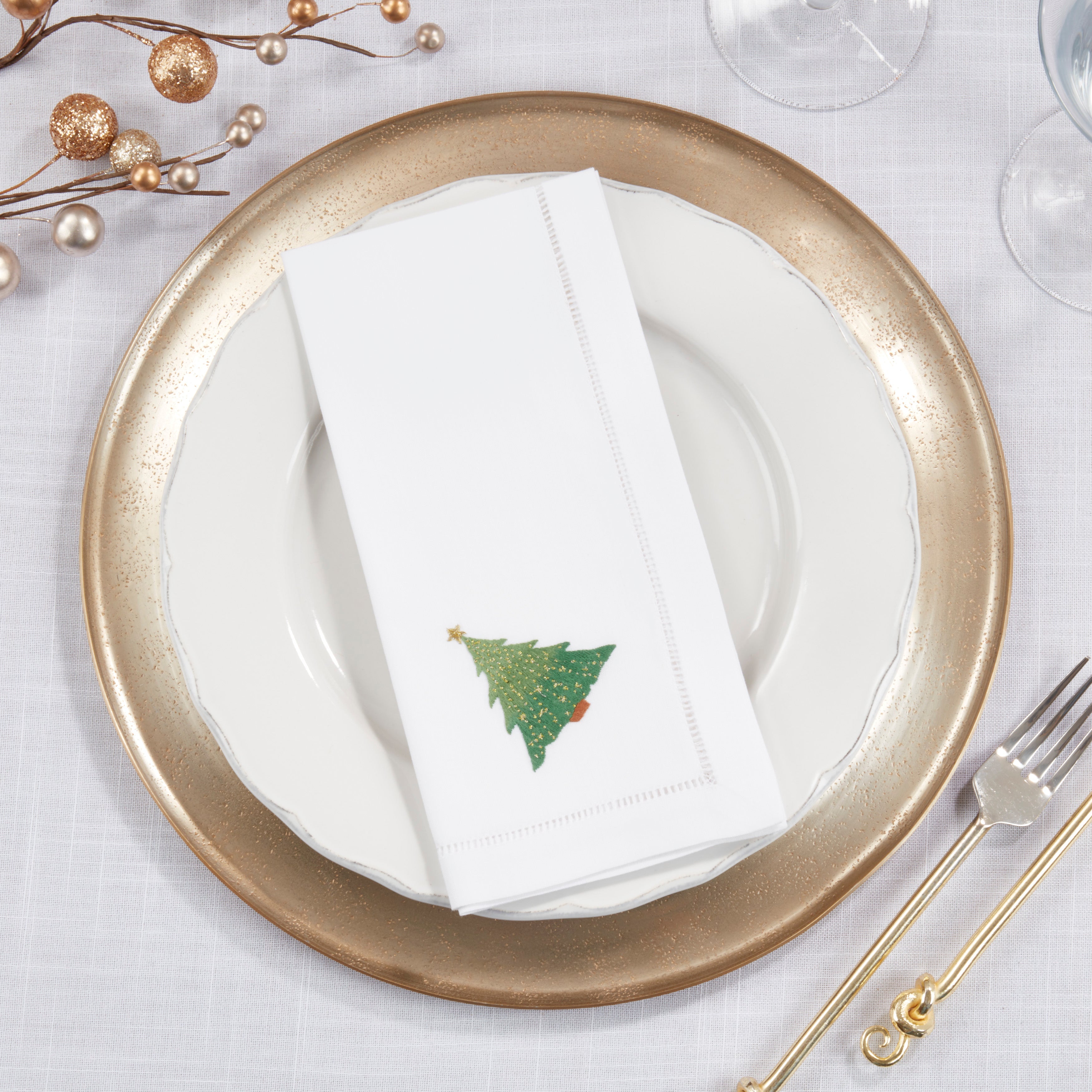 Handmade Whimsical Christmas Tree Embroidery Napkin with Hemstitched Border (Set of 6)