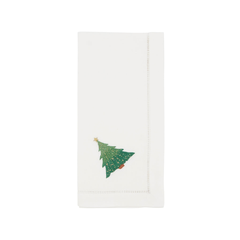 Handmade Whimsical Christmas Tree Embroidery Napkin with Hemstitched Border (Set of 6)