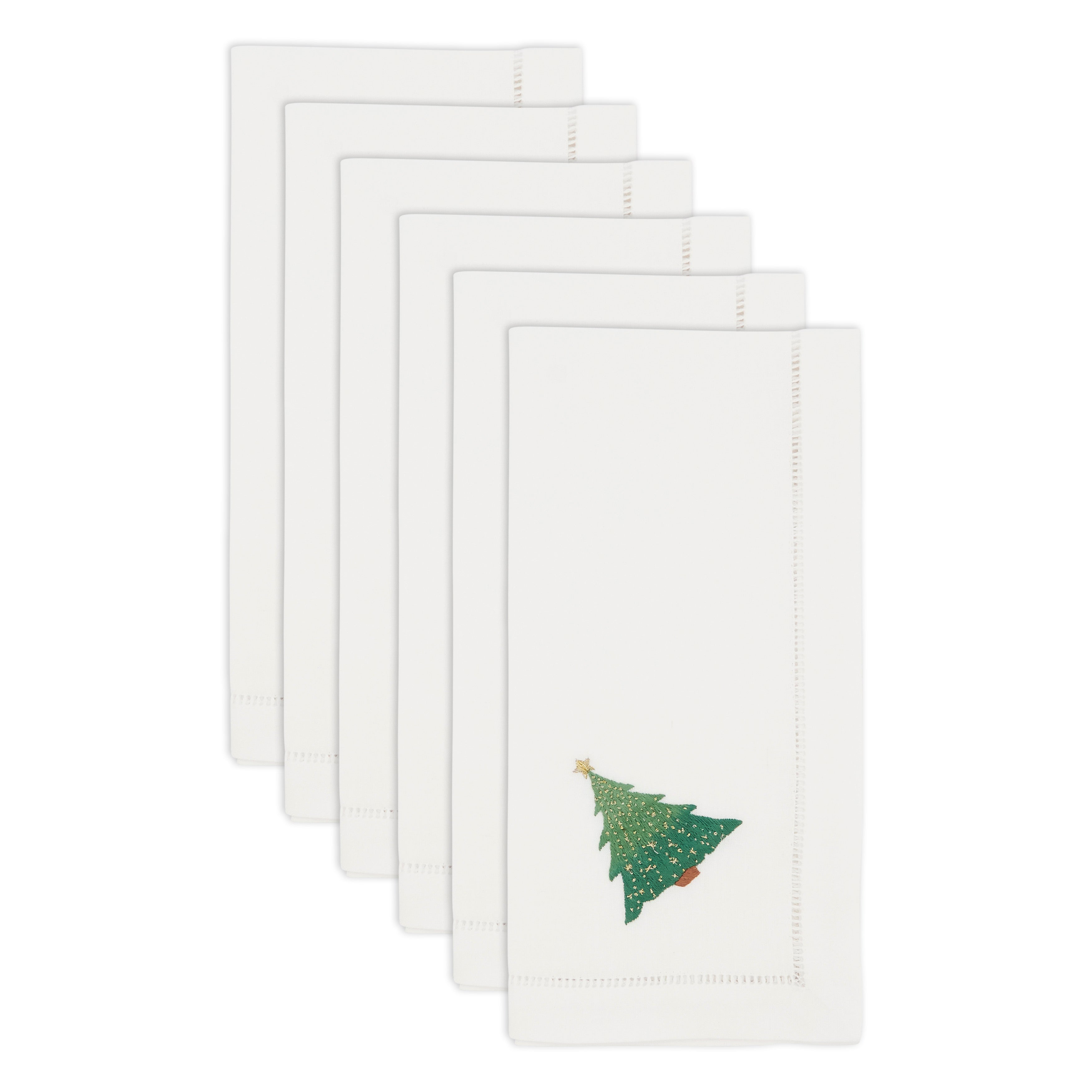 Handmade Whimsical Christmas Tree Embroidery Napkin with Hemstitched Border (Set of 6)
